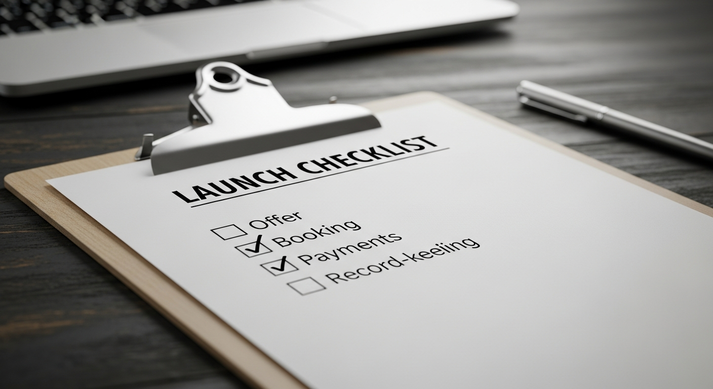 Launch checklist with four items: offer, booking, payments, record-keeping