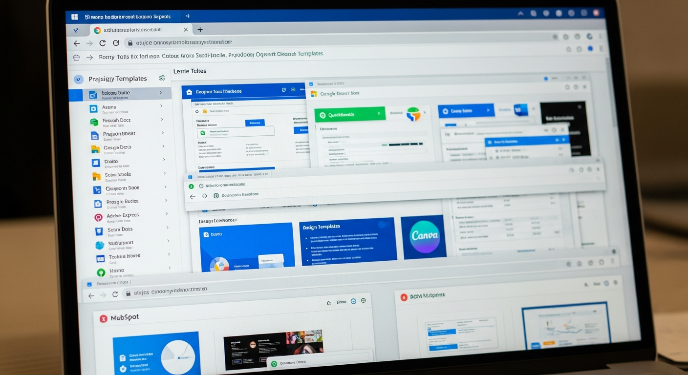 Laptop screen with many open browser tabs for business tools and templates