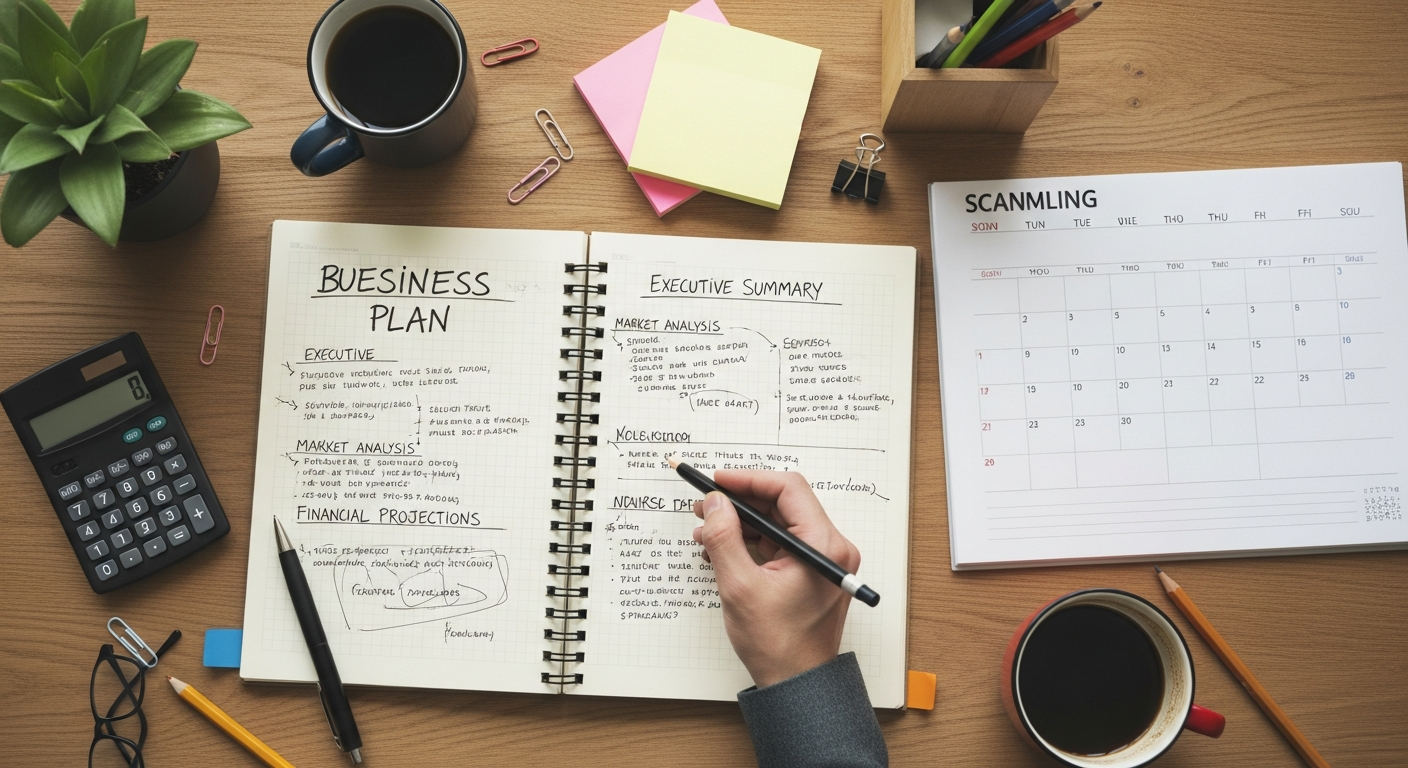 Notebook with a business plan draft next to an unused scheduling calendar