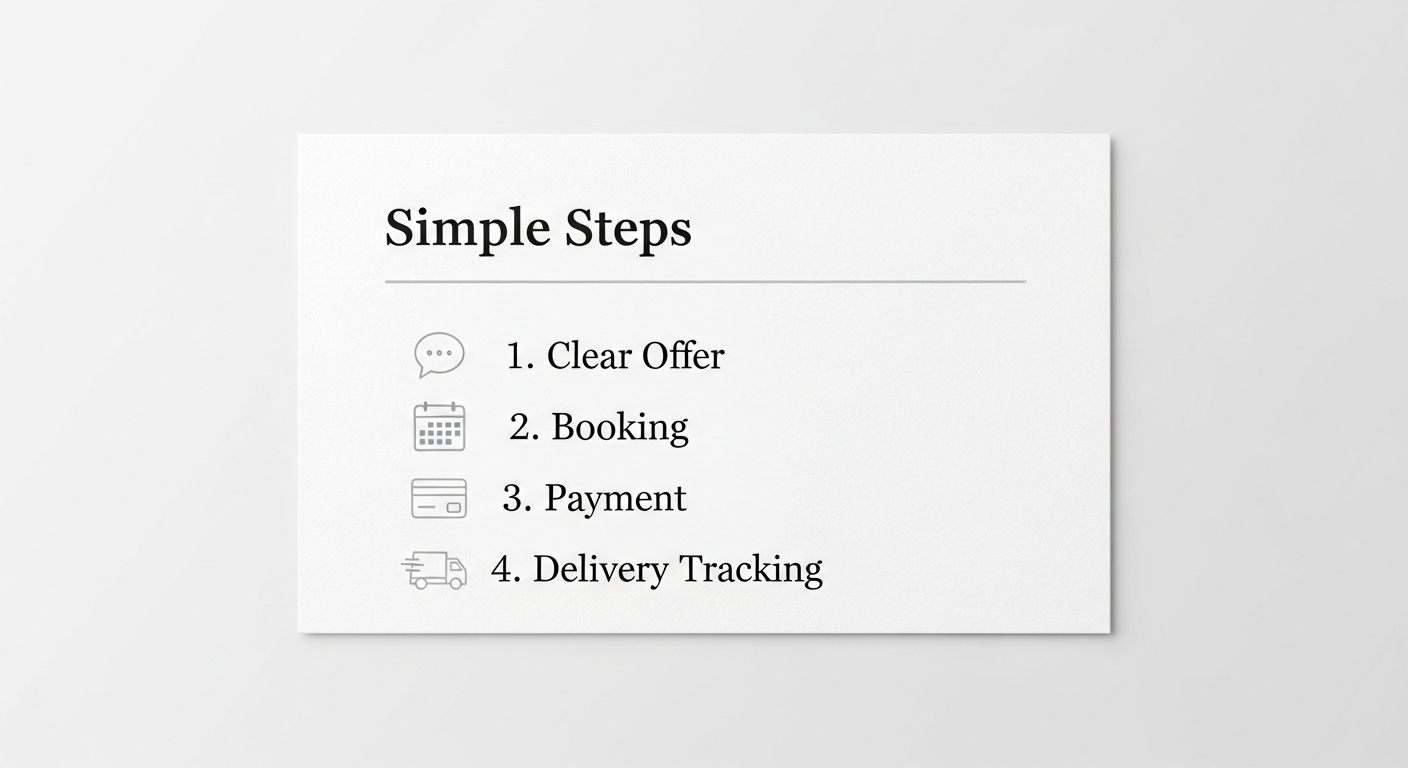 Simple definition card listing: clear offer, booking, payment, delivery tracking