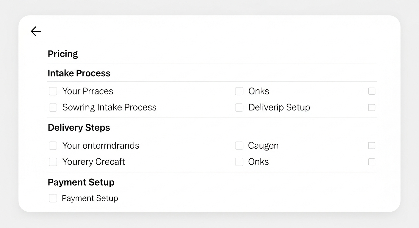 Checklist showing pricing, intake process, delivery steps, and payment setup