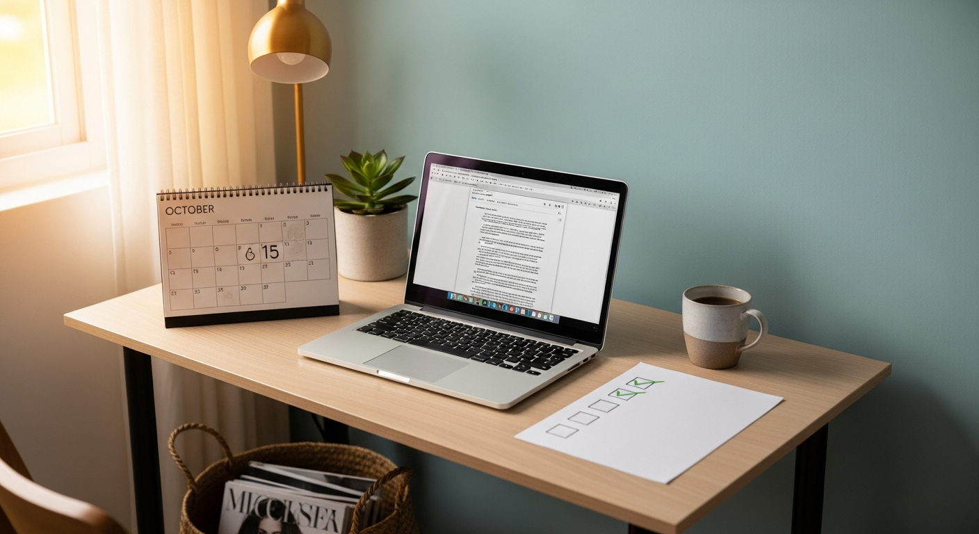 Small home workspace with a laptop, calendar, and a simple checklist